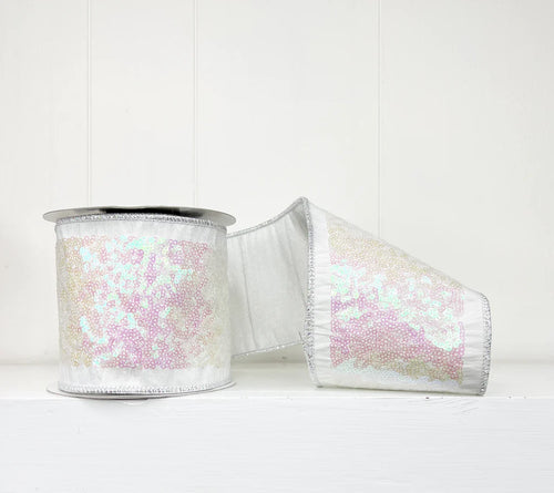 White Sequin Embroidery Tissue Wired Ribbon