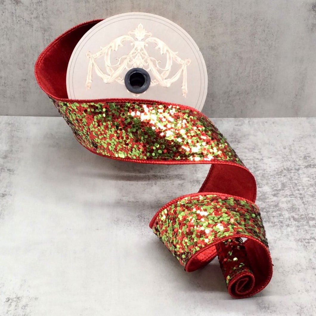 Lime Green & Red Cirque Glitter Ribbon