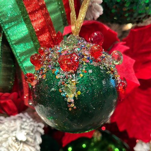 Glitter Bead Ball Ornament, Small Emerald Green