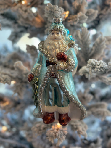 Blue Christmas Glass Santa Ornament