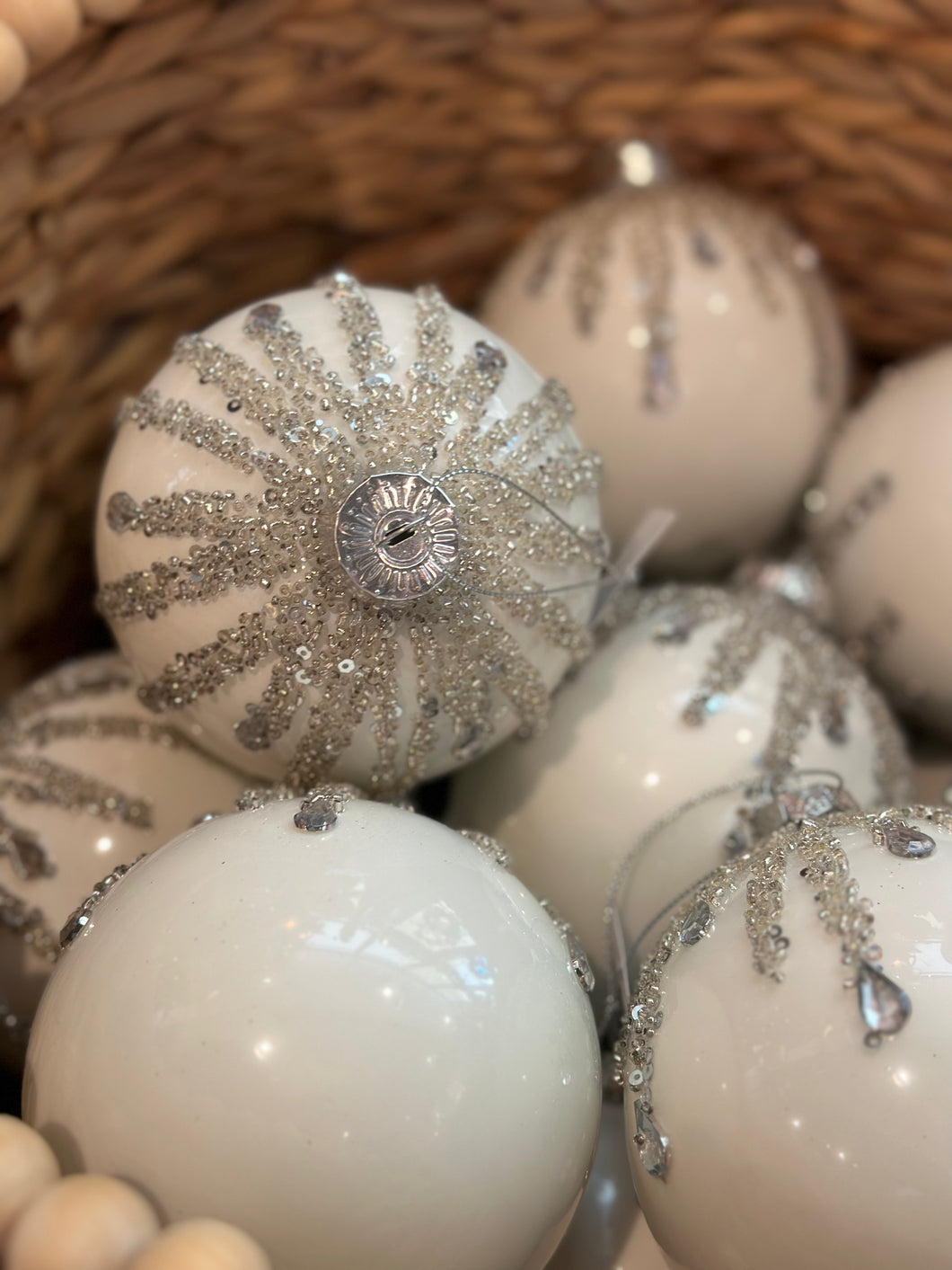 Glass Ball with Teardrop Ornament,  White