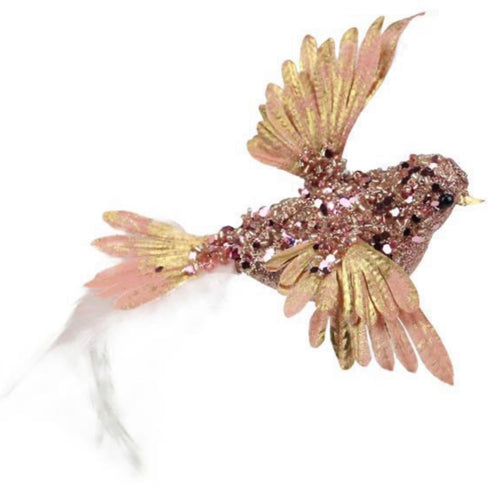 Bead & Feather Bird Clip, Pink/Gold