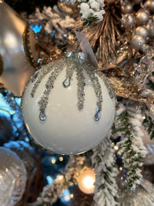 Glass Ball with Teardrop Ornament,  White