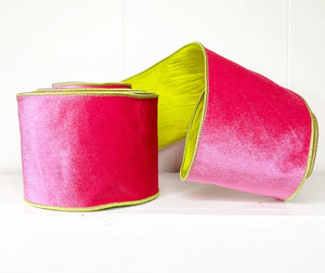 A Sweet Candy EXCLUSIVE Pink and Lime Green Solid Velvet Wired Ribbon