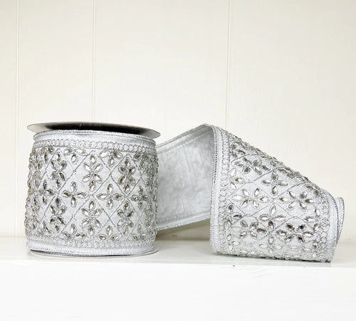 Silver Mega Jeweled Trim Wired Ribbon