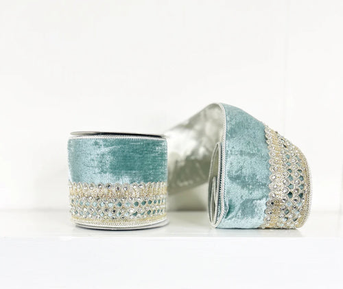 Aqua Jeweled Velvet Metallic Wired Ribbon
