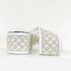 White Dupioni with Jeweled Trim Wired Ribbon