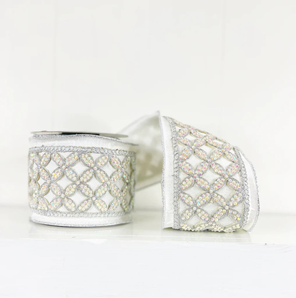 White Dupioni with Jeweled Trim Wired Ribbon