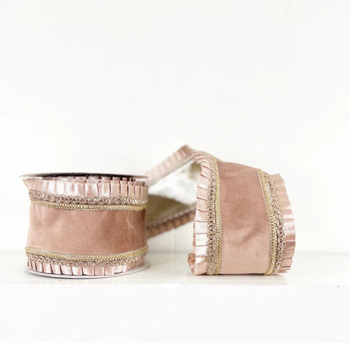 Brown Double Sides Ruffle Trim Velvet Wired Ribbon