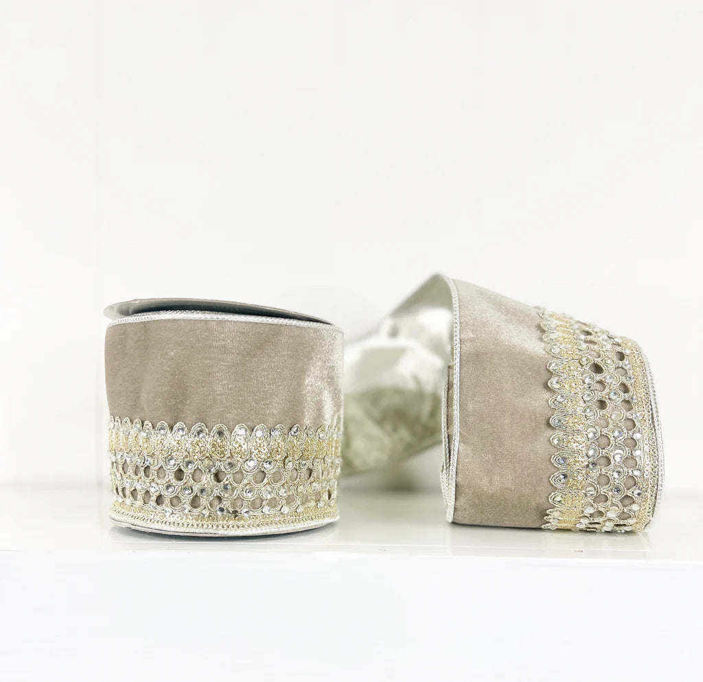 Platinum Jeweled Velvet Metallic Wired Ribbon