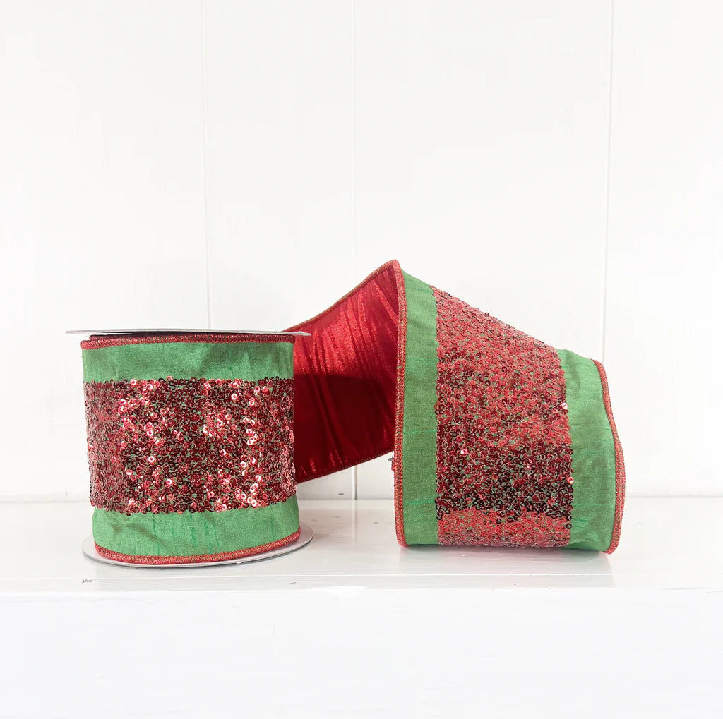 Red Sequin on Green Wired Ribbon