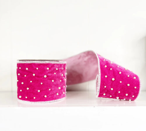 Pink Velvet and Pearls Wired Ribbon