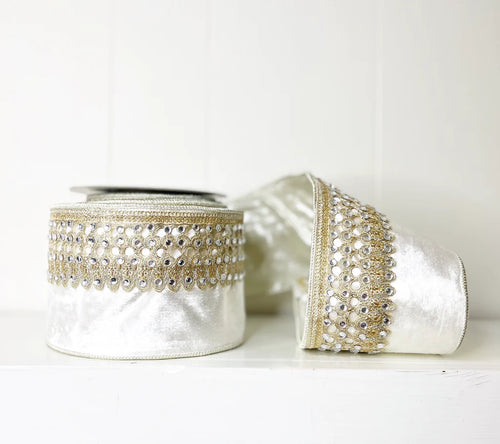 White Jeweled Velvet Metallic Dupion Ribbon