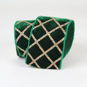 Velvet Glitter Lattice Ribbon, Emerald