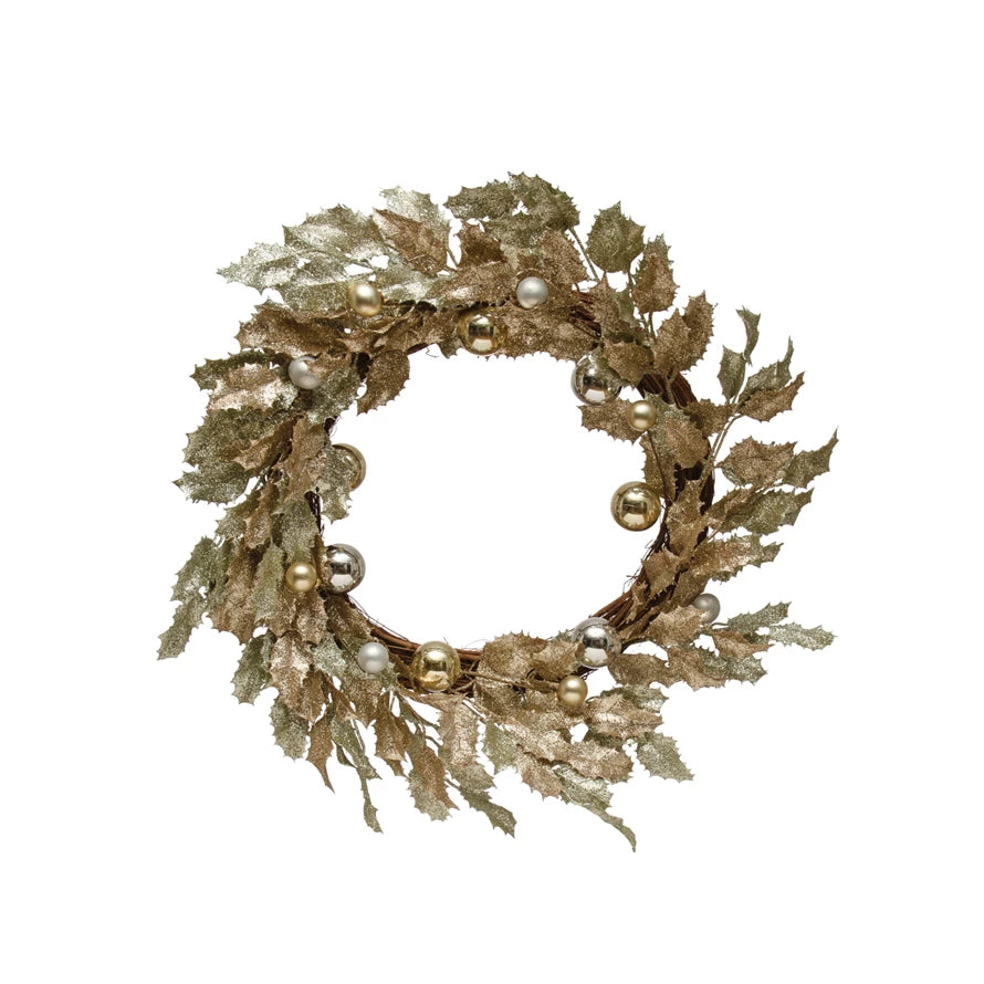 Faux Holly Wreath With Ornaments