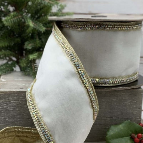 Velvet with Crystal Trim Ribbon, Winter White