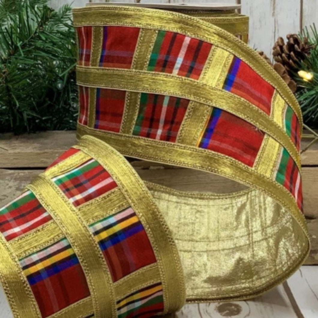 Plaid with Gold Trim Ribbon, Multi-Colored