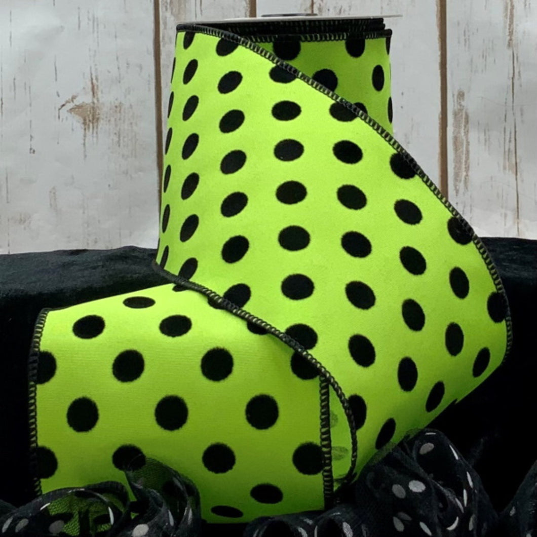 Satin Black Polka Dots Ribbon, Lime