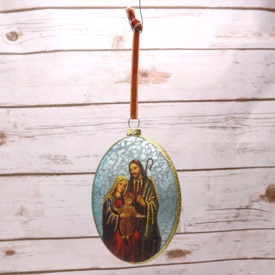 Glass Holy Family Ornament, Vintage Blue