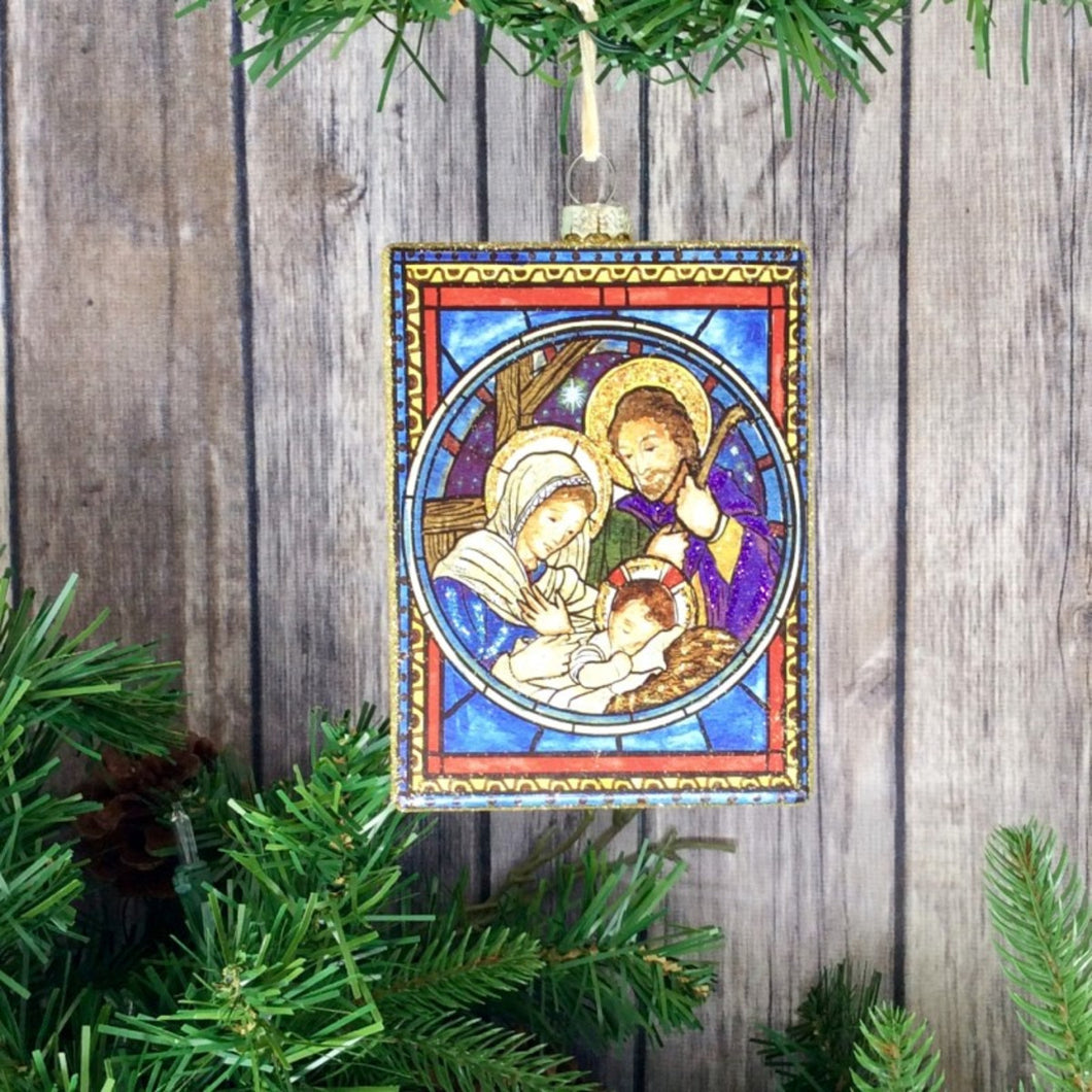 Glass Holy Family Rectangular Ornament, Multi-Colored