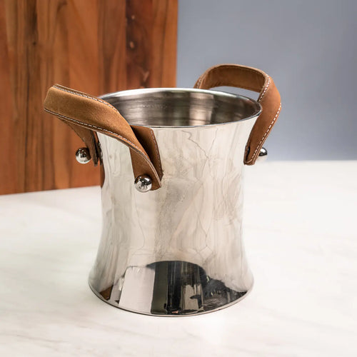 Stainless Steel Ice Bucket with Leather Handles