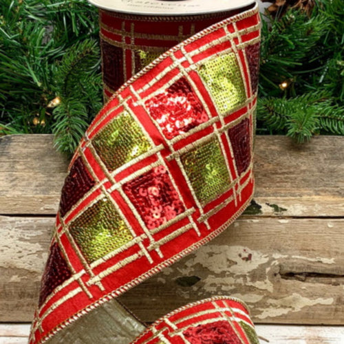 Sequin Check Ribbon, Red & Green
