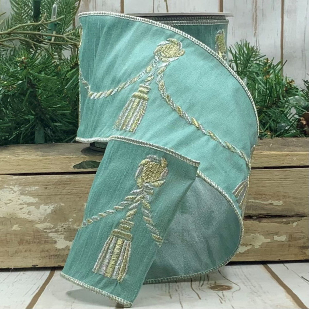 Dupion Embroider Tassels Aqua Ribbon