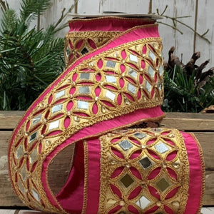 Dupion Gold Mirror Trim Ribbon, Hot Pink