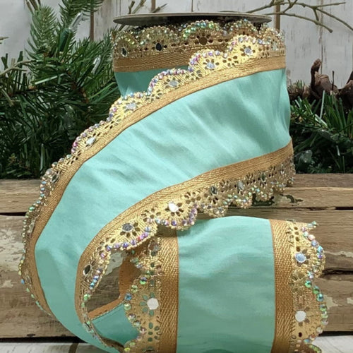 Dupioni Aqua Ribbon with Gold Jewel Trim