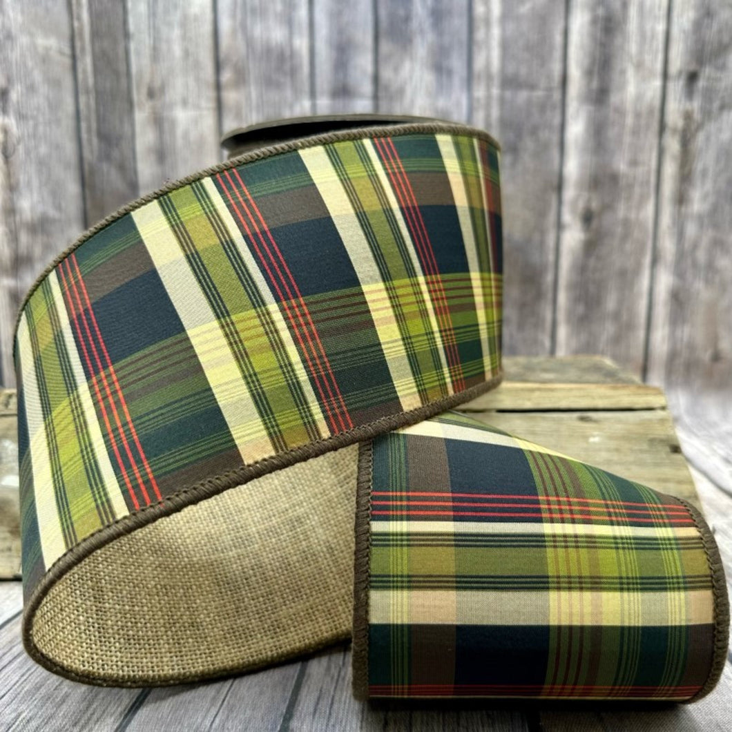 Loden Plaid with Burlap Back Ribbon