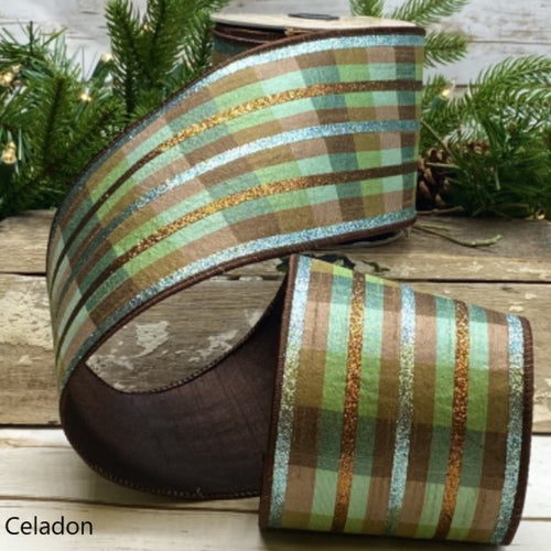 Plaid Glitter Stripe Ribbon, Celadon