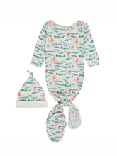 Load image into Gallery viewer, Swimmy Sharks Knotted Gown &amp; Cap