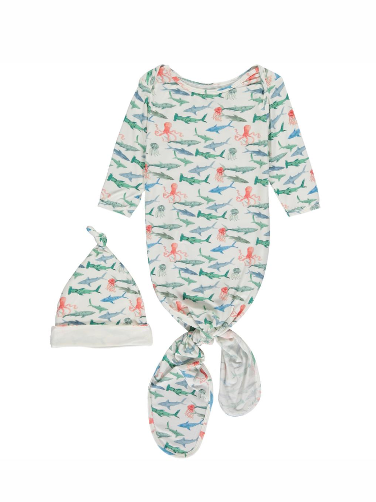 Swimmy Sharks Knotted Gown & Cap