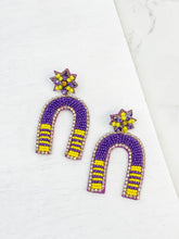 Load image into Gallery viewer, Seed Bead Earring Game Day Yellow &amp; Purple